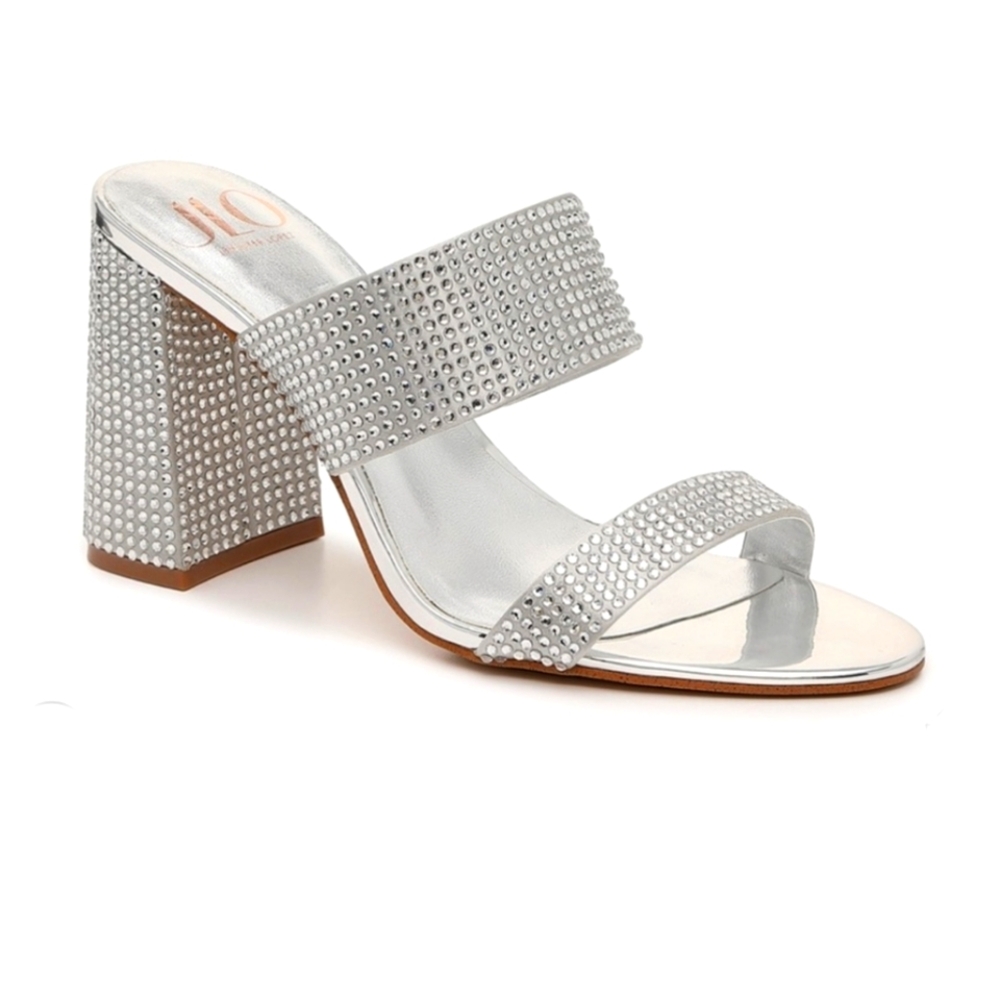 J. Lo Silver Metallic Rhinestone Block Heel Brita Sandals, Size 10M /42